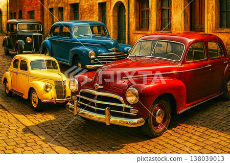 A vibrant collection of vintage classic cars, including red, yellow, blue, and black models, parked on a charming cobblestone street with old European buildings in the background. A vibrant collection of vintage classic cars, including red, yellow, blue, and black models, parked on a charming cobblestone street with old European buildings in the background. 138039013