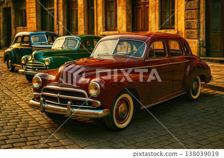 Three beautifully restored vintage cars, including a prominent maroon sedan, are parked on a charming cobblestone street in a historic old town setting during the warm evening light. 138039019