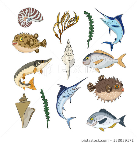 A set of sea creatures, fish, pufferfish, marlin, pike, shells, and seaweed. Flat vector images of marine animals and plants isolated on a white background. Hand drawn, scribble. A set of sea creatures, fish, pufferfish, marlin, pike, shells, and seaweed. Flat vector images of marine animals and plants isolated on a white background. Hand drawn, scribble. 138039171