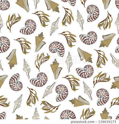 Seamless pattern marine with shells, seaweed, nautilus clams, and seaweed. Decorative flat vector illustration. Hand drawn, scribble. Seamless pattern marine with shells, seaweed, nautilus clams, and seaweed. Decorative flat vector illustration. Hand drawn, scribble. 138039173