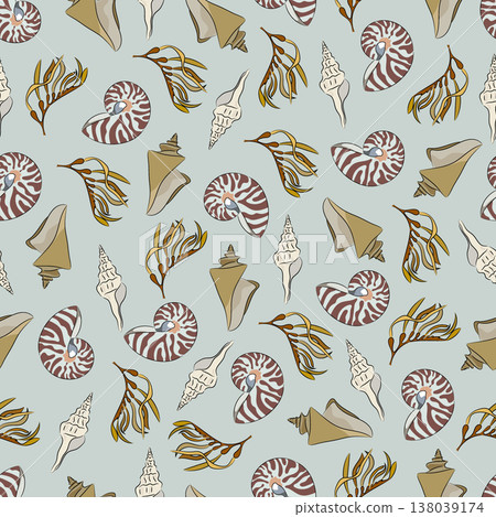 Seamless pattern marine with shells, seaweed, nautilus clams, and seaweed. Decorative flat vector illustration. Hand drawn, scribble. Seamless pattern marine with shells, seaweed, nautilus clams, and seaweed. Decorative flat vector illustration. Hand drawn, scribble. 138039174
