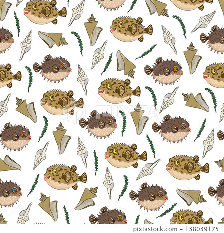 Seamless pattern marine with pufferfish, shells and seaweed, cute sea animals, and seashells. Flat vector background. Hand drawn, scribble. Seamless pattern marine with pufferfish, shells and seaweed, cute sea animals, and seashells. Flat vector background. Hand drawn, scribble. 138039175