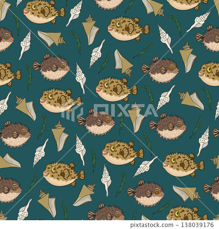 Seamless pattern marine with pufferfish, shells and seaweed, cute sea animals, and seashells. Flat vector background. Hand drawn, scribble. Seamless pattern marine with pufferfish, shells and seaweed, cute sea animals, and seashells. Flat vector background. Hand drawn, scribble. 138039176