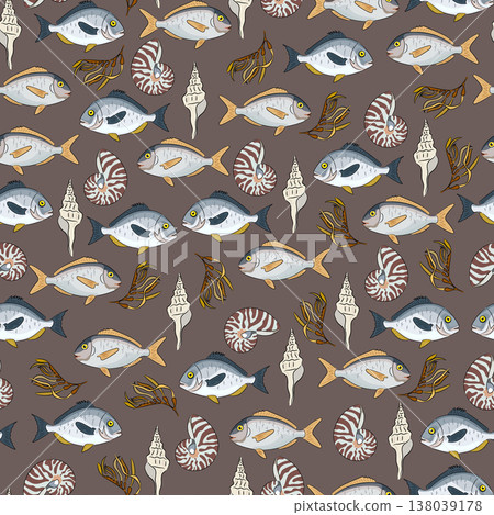 Seamless pattern sea with fish, shells and seaweed, flat vector background with nautilus shells and tropical fish. Hand drawn, scribble. Seamless pattern sea with fish, shells and seaweed, flat vector background with nautilus shells and tropical fish. Hand drawn, scribble. 138039178