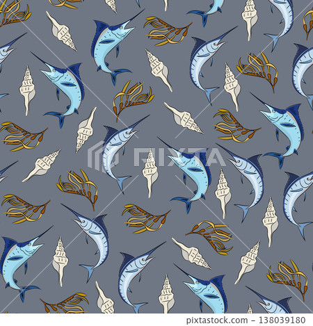Seamless pattern sea with marlin, shells and seaweed. Flat vector background with sea life, swordfish and clam shells. Hand drawn, scribble. Seamless pattern sea with marlin, shells and seaweed. Flat vector background with sea life, swordfish and clam shells. Hand drawn, scribble. 138039180