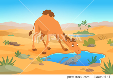 Desert background. Cartoon outdoor landscape with arabian animals camels exact vector illustration Desert background. Cartoon outdoor landscape with arabian animals camels exact vector illustration 138039181