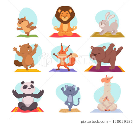 Yoga animals. Animals making outdoor workout exercises and sitting in yoga poses exact vector cartoon characters-01 138039185