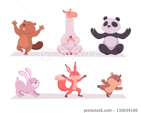 Yoga animals. Funny cute animals sitting in yoga asana exact vector outdoor workout exercises-01 138039186