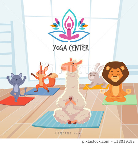 Yoga. wild animals in cartoon style making yoga exercises in room Yoga. wild animals in cartoon style making yoga exercises in room 138039192