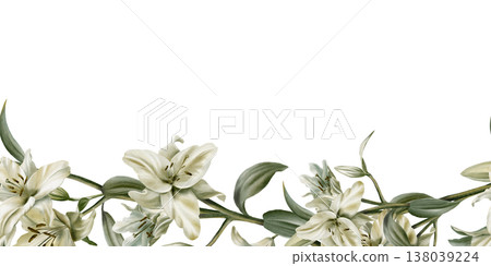 Template of seamless border of white lilies in watercolor clipart as a symbol of purity and innocence.Decoration for funeral,wedding,Communion,christening,decoration of religious printed products 138039224