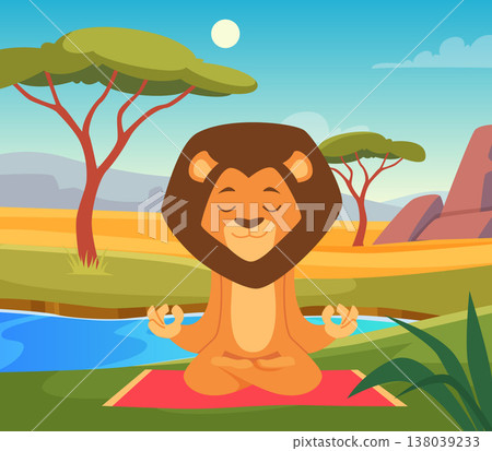 Lion outdoor. desert landscape with wild cartoon lion sitting in yoga positions Lion outdoor. desert landscape with wild cartoon lion sitting in yoga positions 138039233