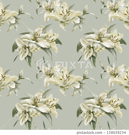 White lilies in seamless pattern in watercolor as a symbol of purity and innocence.Decoration for funeral,wedding,Communion,christening,decoration of religious printed products 138039234