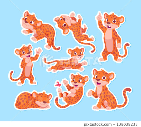 Leopard. cute cartoon panther or jaguar mascot in sticky tags for design projects Leopard. cute cartoon panther or jaguar mascot in sticky tags for design projects 138039235