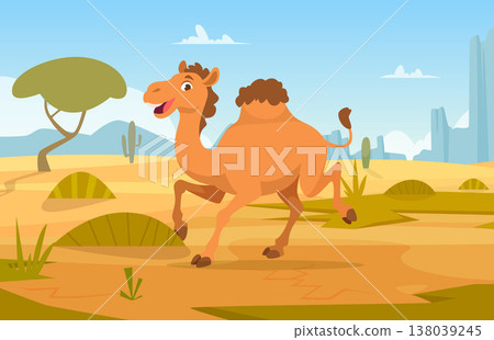 Camel in desert. outdoor cartoon wild happy animal running Camel in desert. outdoor cartoon wild happy animal running 138039245