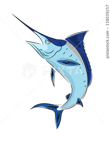 Image of jumping blue marlin, stylized flat vector illustration, sea sport fishing icon isolated on white background. Hand drawn, scribble. 138039257
