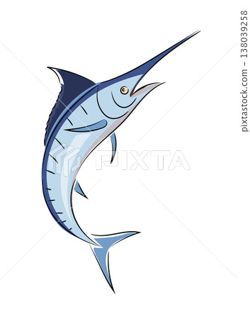 Image of jumping blue marlin, stylized flat vector illustration, sea sport fishing icon isolated on white background. Hand drawn, scribble. 138039258