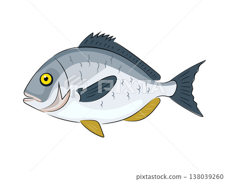 Silver sea fish with yellow fins, flat vector illustration, cartoon style, seafood, animal isolated on white background. Hand drawn, scribble. Silver sea fish with yellow fins, flat vector illustration, cartoon style, seafood, animal isolated on white background. Hand drawn, scribble. 138039260