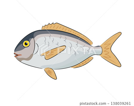 Silver sea fish with yellow fins, flat vector illustration, cartoon style, seafood, animal isolated on white background. Hand drawn, scribble. Silver sea fish with yellow fins, flat vector illustration, cartoon style, seafood, animal isolated on white background. Hand drawn, scribble. 138039261