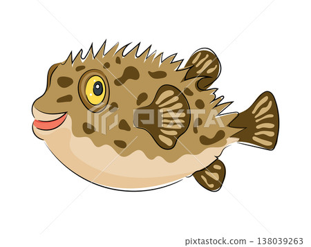 Cartoon puffer fish, cute spiny fugu fish, sea animal, tropical ocean fish flat vector illustration isolated on white background. Hand drawn, scribble. 138039263