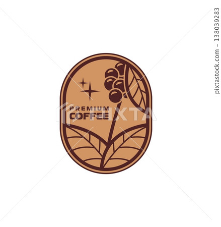 Premium coffee bean icon or badge with coffee beans and leaves in oval shape. Vector brown emblem for cafe branding, roasting culture and natural coffee origin. Isolated coffee menu label Premium coffee bean icon or badge with coffee beans and leaves in oval shape. Vector brown emblem for cafe branding, roasting culture and natural coffee origin. Isolated coffee menu label 138039283