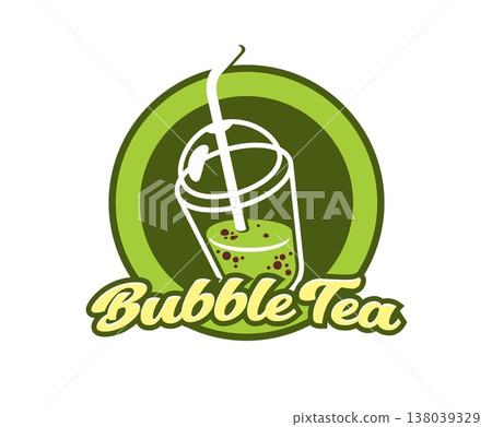 Boba milk bubble tea drink icon. Matcha plastic cup with straw, tapioca pearls and bold cursive script on layered green circle emblem. Vector symbol of bubble tea shop branding and cafe menu Boba milk bubble tea drink icon. Matcha plastic cup with straw, tapioca pearls and bold cursive script on layered green circle emblem. Vector symbol of bubble tea shop branding and cafe menu 138039329