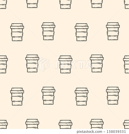 Seamless Coffee Cup Pattern in Line Art on Beige Background Seamless Coffee Cup Pattern in Line Art on Beige Background 138039331