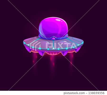 Cartoon unidentified flying object game icon, UFO spaceship asset. Vibrant purple UFO emitting bright pink engine beams as it flies through space. Cartoon vector spaceship for extraterrestrial game 138039356