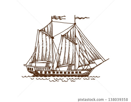 Vintage pirate sail ship and old wooden warship, European wooden galleon and warship sketch. Retro vector black and white sketch for storytelling, educational materials, or nautical decor 138039358
