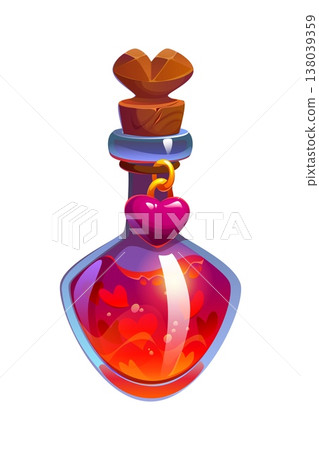 Cartoon magic witch love potion bottle, vector magic elixir glass flask, filled with glowing red liquid and hearts inside. Crystal vial with love alchemy brew, cork stopper and hanging heart charm Cartoon magic witch love potion bottle, vector magic elixir glass flask, filled with glowing red liquid and hearts inside. Crystal vial with love alchemy brew, cork stopper and hanging heart charm 138039359