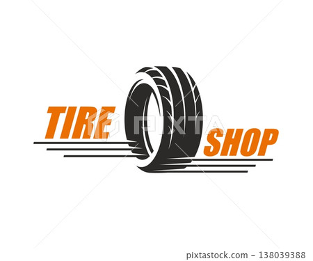 Tire shop icon, wheel store and truck tyre service. Bold and professional symbol featuring detailed black tire with prominent tread pattern. Black orange vector emblem, automotive service center 138039388