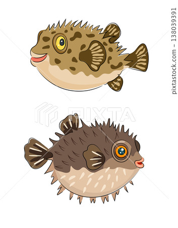 Cartoon puffer fish, cute spiny fugu fish, sea animal, tropical ocean fish flat vector illustration isolated on white background. Hand drawn, scribble. Cartoon puffer fish, cute spiny fugu fish, sea animal, tropical ocean fish flat vector illustration isolated on white background. Hand drawn, scribble. 138039391