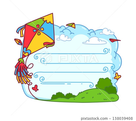 Festival paper kite kids memo note frame. Cartoon vector template with blank writing space inside cloud shape. Colorful flying kite with ribbons, sky and green landscape. Child friendly memo note Festival paper kite kids memo note frame. Cartoon vector template with blank writing space inside cloud shape. Colorful flying kite with ribbons, sky and green landscape. Child friendly memo note 138039408