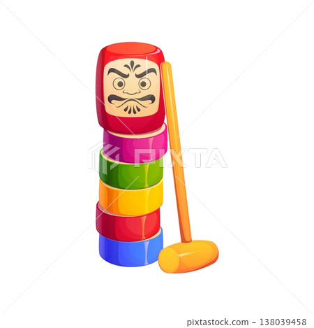 Japanese New Year holiday icon of Daruma Otoshi game, cartoon vector. Japanese traditional toy play game of wooden Daruma Otoshi with hammer, Japan culture and folk tradition of Japanese New Year 138039458