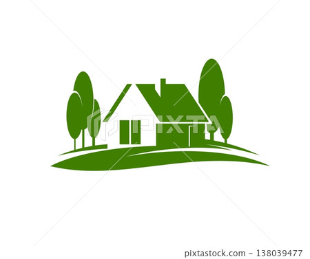 Eco house icon of country cottage or bungalow with forest trees, vector symbol. Eco house emblem of sustainable green energy building and ecology home construction and housing development project Eco house icon of country cottage or bungalow with forest trees, vector symbol. Eco house emblem of sustainable green energy building and ecology home construction and housing development project 138039477