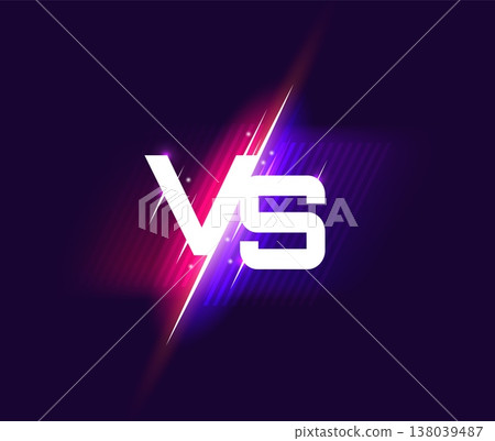 VS fight battle with versus sign for sport game showdown with neon lightning, vector banner. Confrontation VS shield badge on neon red and blue background with light flares for VS team battle contest VS fight battle with versus sign for sport game showdown with neon lightning, vector banner. Confrontation VS shield badge on neon red and blue background with light flares for VS team battle contest 138039487