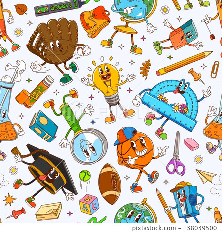 School education stationery groovy characters seamless pattern, vector background. Cartoon school groovy characters pattern of eraser with funny face, ruler with silly smile and happy pencil with book 138039500