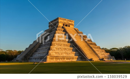 Ancient Mayan Pyramid of Kukulcan El Castillo at Chichen Itza Mexico Golden Sunset Light Clear Blue Sky 138039529