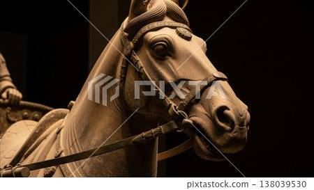 Ancient Sculpture - Detailed Stone Horse Head Statue with Ornate Bridle and Reins in Museum Display 138039530