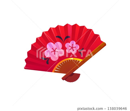 Japanese New Year holiday icon of red folding fan with flowers ornament, vector Asian symbol. Japanese fan with plum blossom decoration, sensu or ogi and uchiwa brise fan, symbol of Japan folk art Japanese New Year holiday icon of red folding fan with flowers ornament, vector Asian symbol. Japanese fan with plum blossom decoration, sensu or ogi and uchiwa brise fan, symbol of Japan folk art 138039646