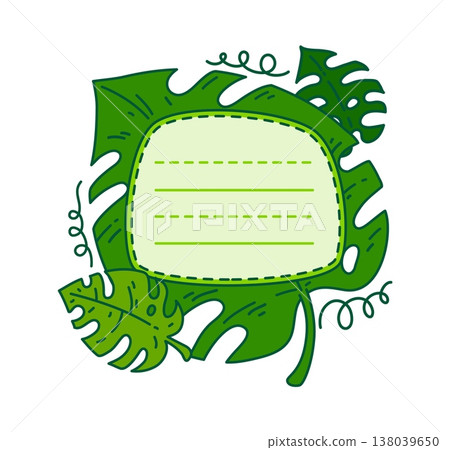 Kids memo note frame with tropical plant leaves for notice sticker, cartoon vector. Kids memo note adhesive label and message sticker with tropical jungle leaf for daily tasks planner or memo note 138039650