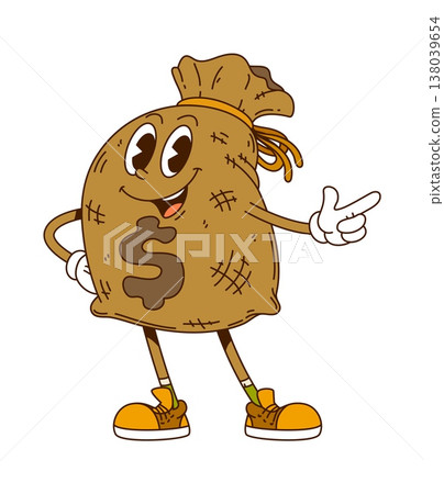 Cartoon groovy wild west western money bag character. Vector sturdy canvas sack y2k personage ready to carry coins or banknotes, marked with a dollar sign. Retro vintage American currency cash bag Cartoon groovy wild west western money bag character. Vector sturdy canvas sack y2k personage ready to carry coins or banknotes, marked with a dollar sign. Retro vintage American currency cash bag 138039654