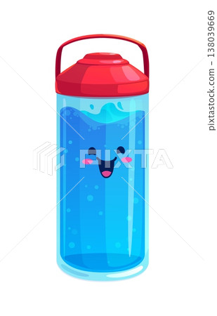 Cartoon water drink. Cute kawaii plastic bottle of water with red lid, handle and friendly face. Vector fresh water drink. Refreshing beverage in container, adorable personage with blushing cheeks 138039669