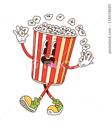 Groovy hippie popcorn bucket movie or cinema entertainment funky character. Cartoon retro movie fast food pop corn box. Vector cheerful y2k personage juggling with fluffy kernels with playful smile 138039689