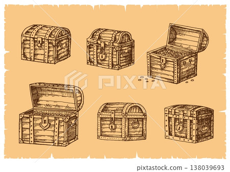 Geographic map pirate treasure chests. Vector open and closed wooden vintage boxes or trunks with gold coins, metal locks, iron bands. Vintage nautical engraving line art on sepia parchment background Geographic map pirate treasure chests. Vector open and closed wooden vintage boxes or trunks with gold coins, metal locks, iron bands. Vintage nautical engraving line art on sepia parchment background 138039693