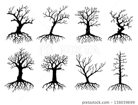 Tree silhouettes with dead roots, ecology and environment. Black vector silhouettes depicting dead trees with exposed, gnarled root systems and bare, leafless branches. Ancient trees for Halloween Tree silhouettes with dead roots, ecology and environment. Black vector silhouettes depicting dead trees with exposed, gnarled root systems and bare, leafless branches. Ancient trees for Halloween 138039699