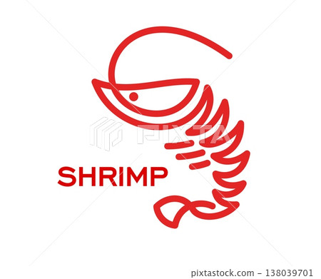 Shrimp and prawn seafood icon. Bold red linear shrimp symbol with text on white background. Vector icon for seafood restaurant, fish market, menu design and marine food business promotional material Shrimp and prawn seafood icon. Bold red linear shrimp symbol with text on white background. Vector icon for seafood restaurant, fish market, menu design and marine food business promotional material 138039701