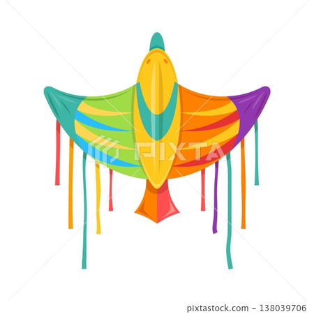 Kite bird with color ornament for summer festival and kids entertainment toy, cartoon vector. Kite in shape of bird with wings and colorful ribbons for Makar Sankranti holiday Kite bird with color ornament for summer festival and kids entertainment toy, cartoon vector. Kite in shape of bird with wings and colorful ribbons for Makar Sankranti holiday 138039706