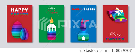 Easter set card of eggs, bunny, bells, candle. Paper cut colorful striped. Happy Easter holiday invitations templates collection, hand drawn cover art. Vector fashion illustration background, copy 138039707