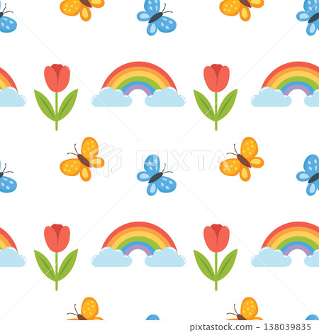 Bright spring seamless pattern with rainbow, butterfly and tulip 138039835