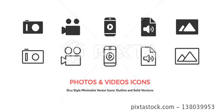 A set of camera and video icons. Silhouette and line art vector icons. 138039953